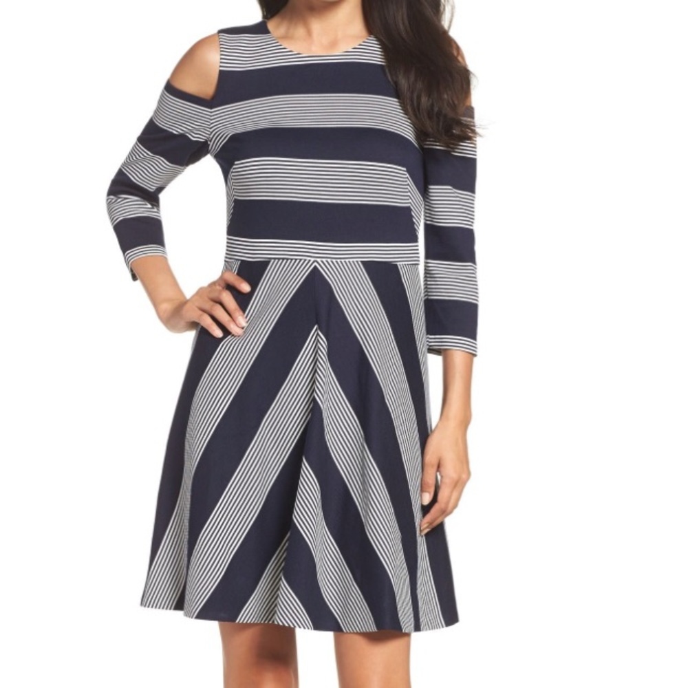Eliza J Navy Stripe Cold Shoulder Dress, 4 Petite